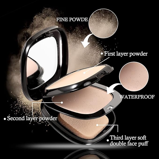 Boobeen Pressed Powder, Light Shade, Long-Lasting Matte Finish, Flawless Lightweight Makeup, 2 Layers Setting Powder Foundation, Compact with Mirror and Puff-BrightBean Baby