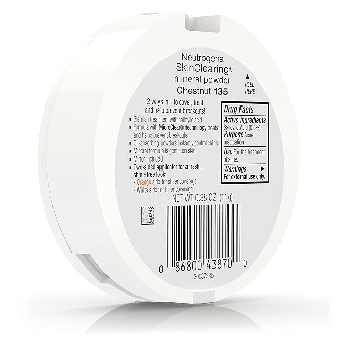 Neutrogena SkinClearing Mineral Acne-Concealing Pressed Powder Compact, Shine-Free & Oil-Absorbing Makeup with Salicylic Acid to Cover, Treat, & Prevent Breakouts, Chestnut 135,.38 oz-BrightBean Baby