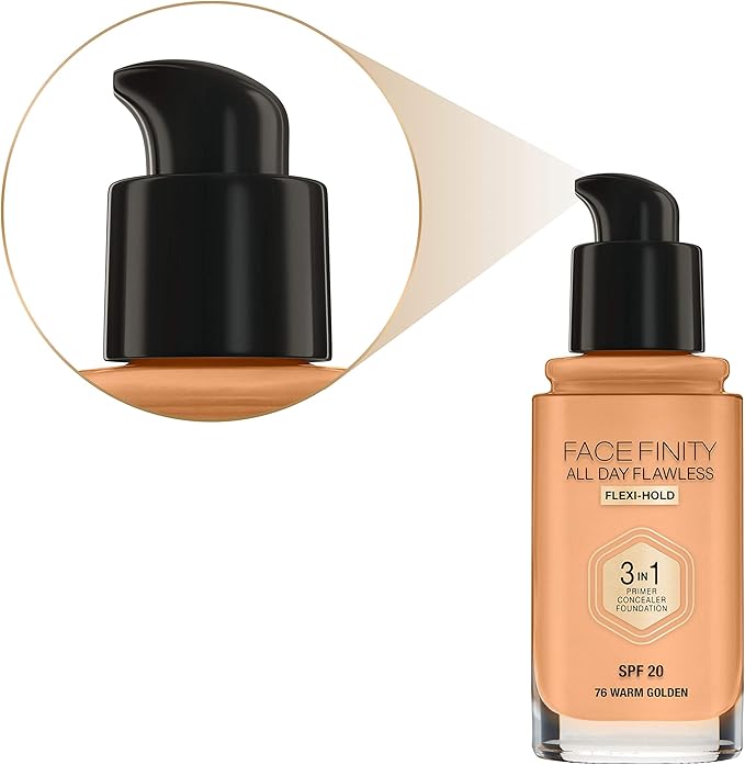 Max Factor Facefinity 3-in-1 All Day Flawless Liquid Foundation, SPF 20-76 Warm Golden, 30 ml-BrightBean Baby