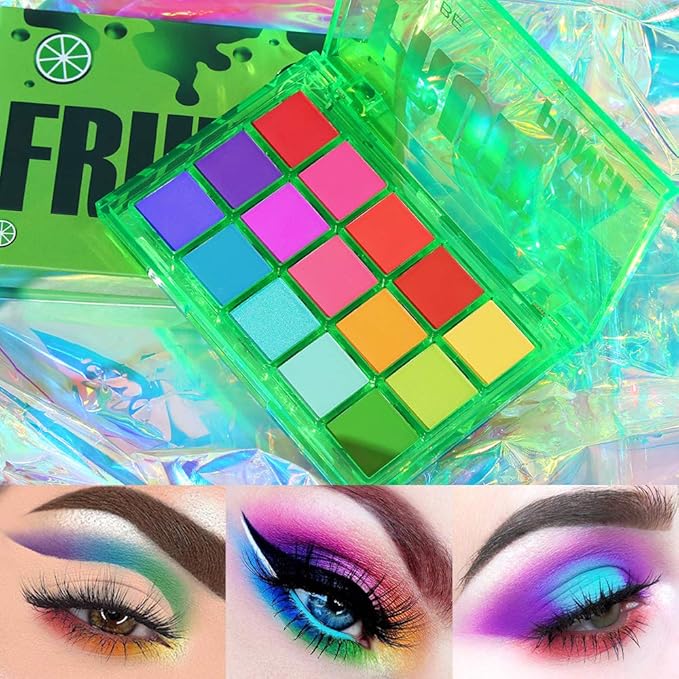 UCANBE Bright Colorful Neon Rainbow Makeup Eyeshadow Palette 15 Shades Green Purple Yellow Make Up Pallets Kit Vibrant Shimmer Matte Pigmented Blendable - Fruit Punch-BrightBean Baby