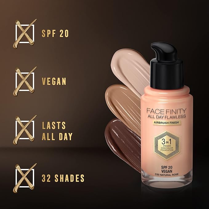 Max Factor Facefinity All Day Flawless 3 In 1 Foundation SPF 20, No. 50 Natural-BrightBean Baby