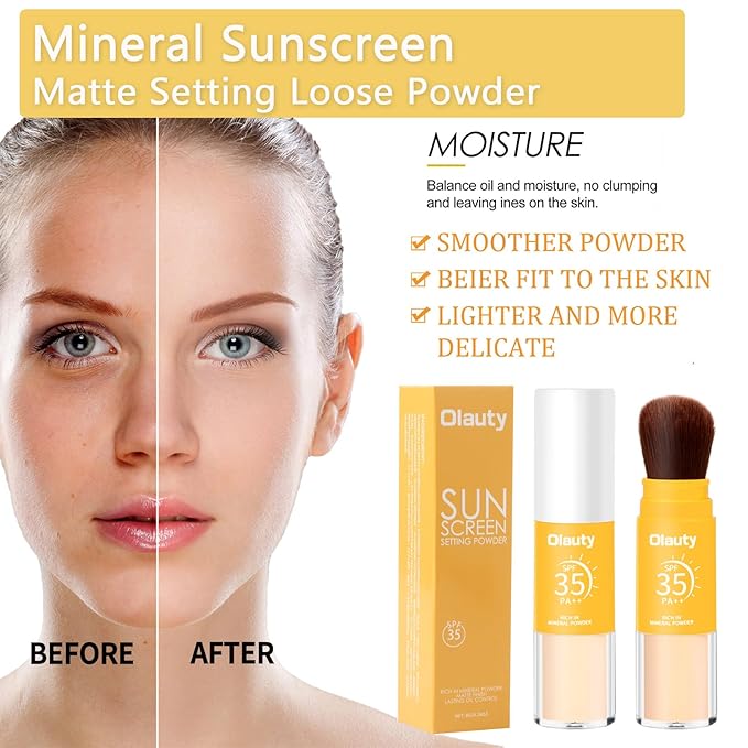 Mineral Sunscreen Setting Powder, SPF 35, Translucent Setting Brush Powder for Face, Long Lasting Oil Control Matte Loose Powder, Lightweight, Breathable (02# Medium)-BrightBean Baby