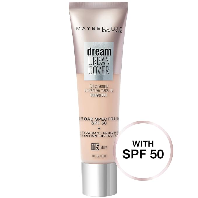 Maybelline Dream Urban Cover Flawless Coverage Foundation Makeup, SPF 50, Ivory-BrightBean Baby