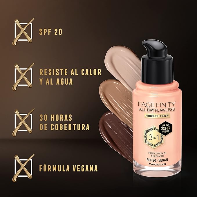 Max Factor Facefinity All Day Flawless 3 In 1 Foundation SPF 20, No. 30 Porcelain-BrightBean Baby