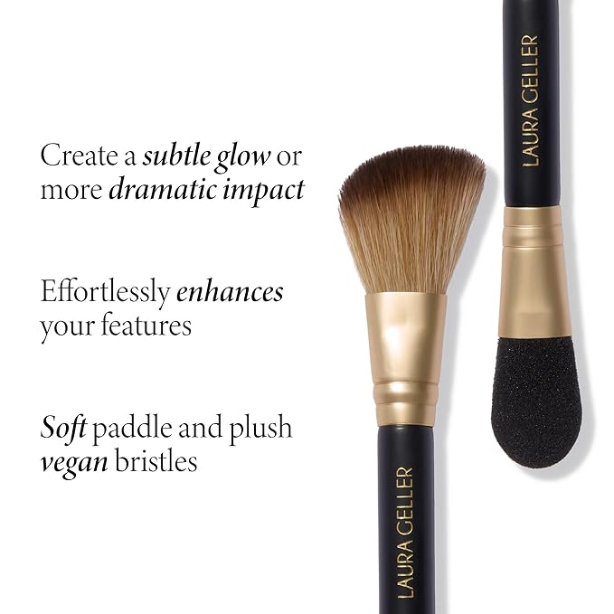 LAURA GELLER NEW YORK Dual-Ended Highlighter Brush - Multipurpose Makeup Brush for Highlighter, Blush, Bronzer and More - Includes Dual-Fiber Vegan Bristles and Satin Paddle for Flawless Application-BrightBean Baby