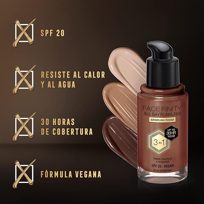 Max Factor Facefinity 3-in-1 All Day Flawless Liquid Foundation, SPF 20-110 Espresso, 30 ml-BrightBean Baby