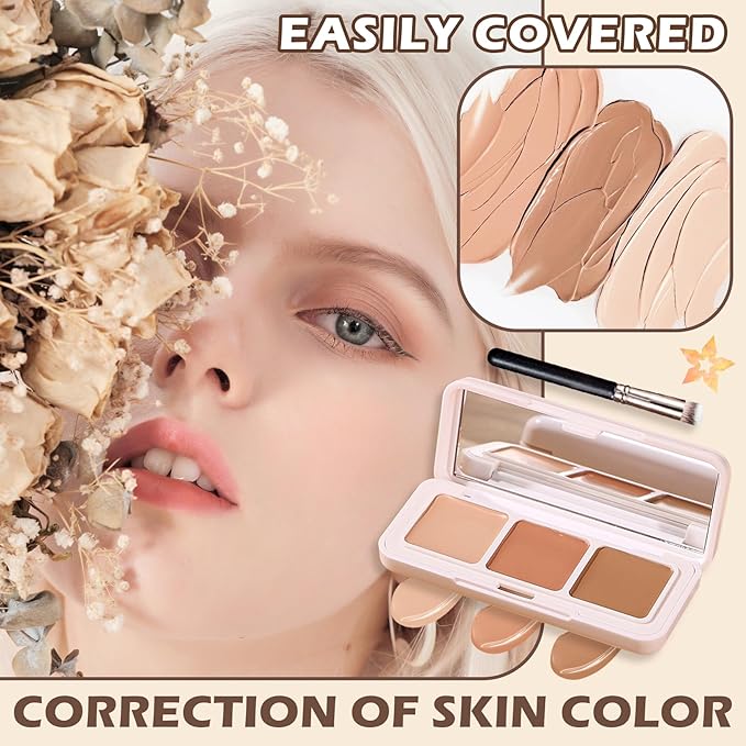 3 Colors Correcting Concealer Palette,Full Coverage Cream Contour Palette,Professional Contouring Foundation Long Wear Highlighting Concealer Contour Cream Makeup Palette with Brush-BrightBean Baby