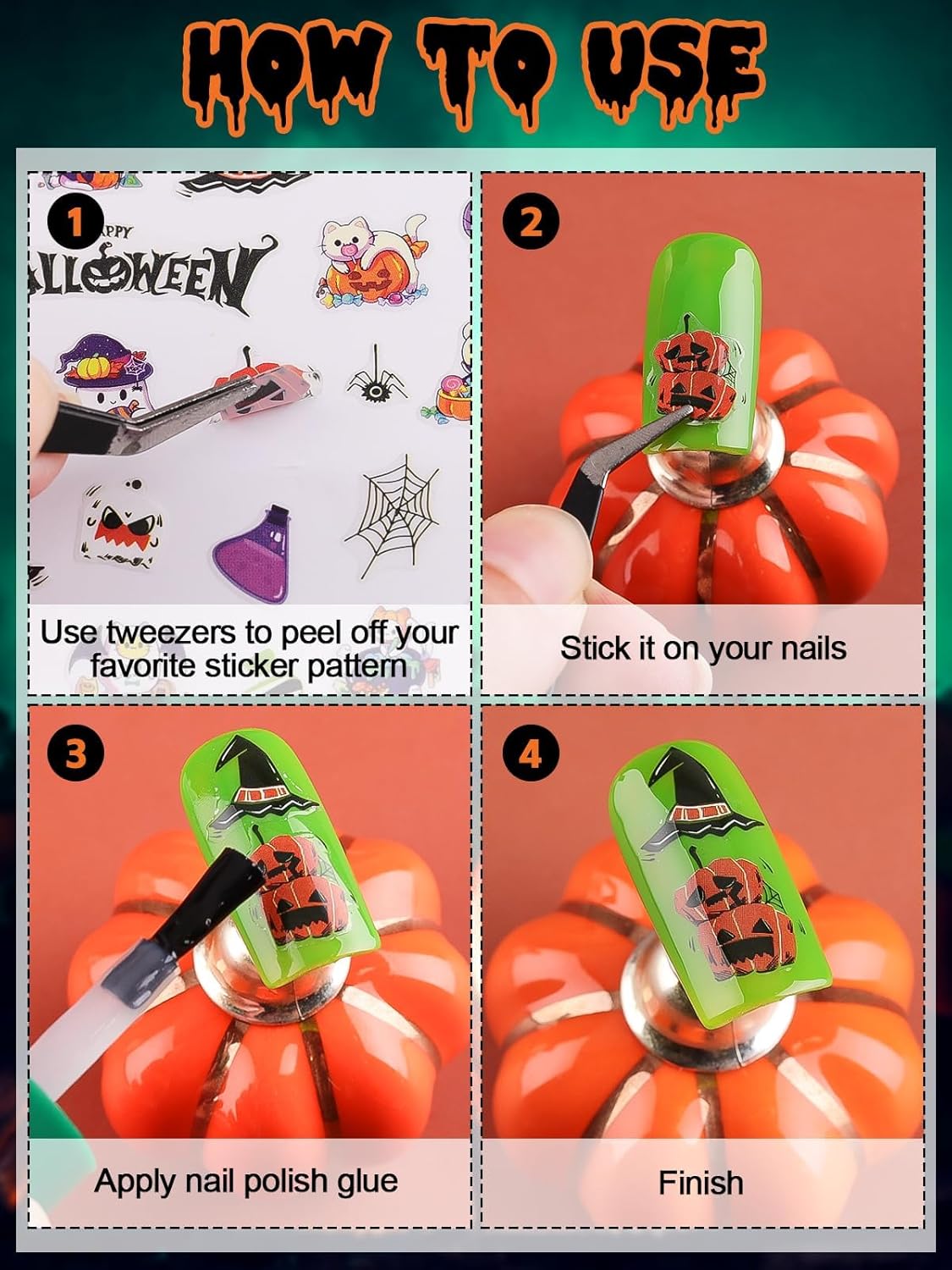 Halloween Nail Art Stickers Decals, Kalolary Self-Adhesive DIY Nail Sticker Decals 3D Design Nail Decorations for Halloween Party Include Pumpkin/Bat/Ghost/Witch(12 Sheets)-BrightBean Baby