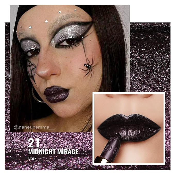Oulac Metallic Black Lipstick for Women, High-Impact Lipcolor with Moisturizing Creamy Formula, Vegan & Cruelty-Free, Full-Coverage Matte Lipstick, Midnight Mirage (21)