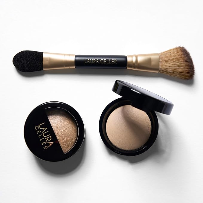 LAURA GELLER NEW YORK Dual-Ended Highlighter Brush - Multipurpose Makeup Brush for Highlighter, Blush, Bronzer and More - Includes Dual-Fiber Vegan Bristles and Satin Paddle for Flawless Application-BrightBean Baby