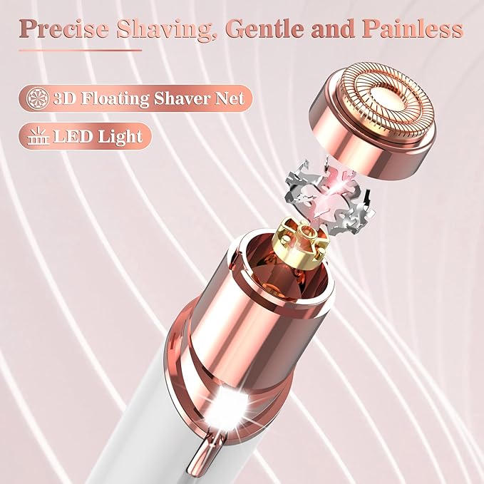 Facial Hair Remover for Women, Face Hair Trimmer, Rechargeable Women's Facial Shaver, Painless Lady Shavers for Women for Face Hair, Upper Lips, Peach Fuzz, Bikini Body-White