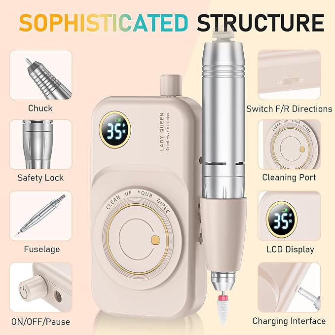 Portable Nail Drill Electric File: 35000RPM Professional Rechargeable Nail E File Machine,for Acrylic Nails Gel Polishing Removing, Cordless Efile with Bits Kit for Manicure Salon Home (Pink)-BrightBean Baby