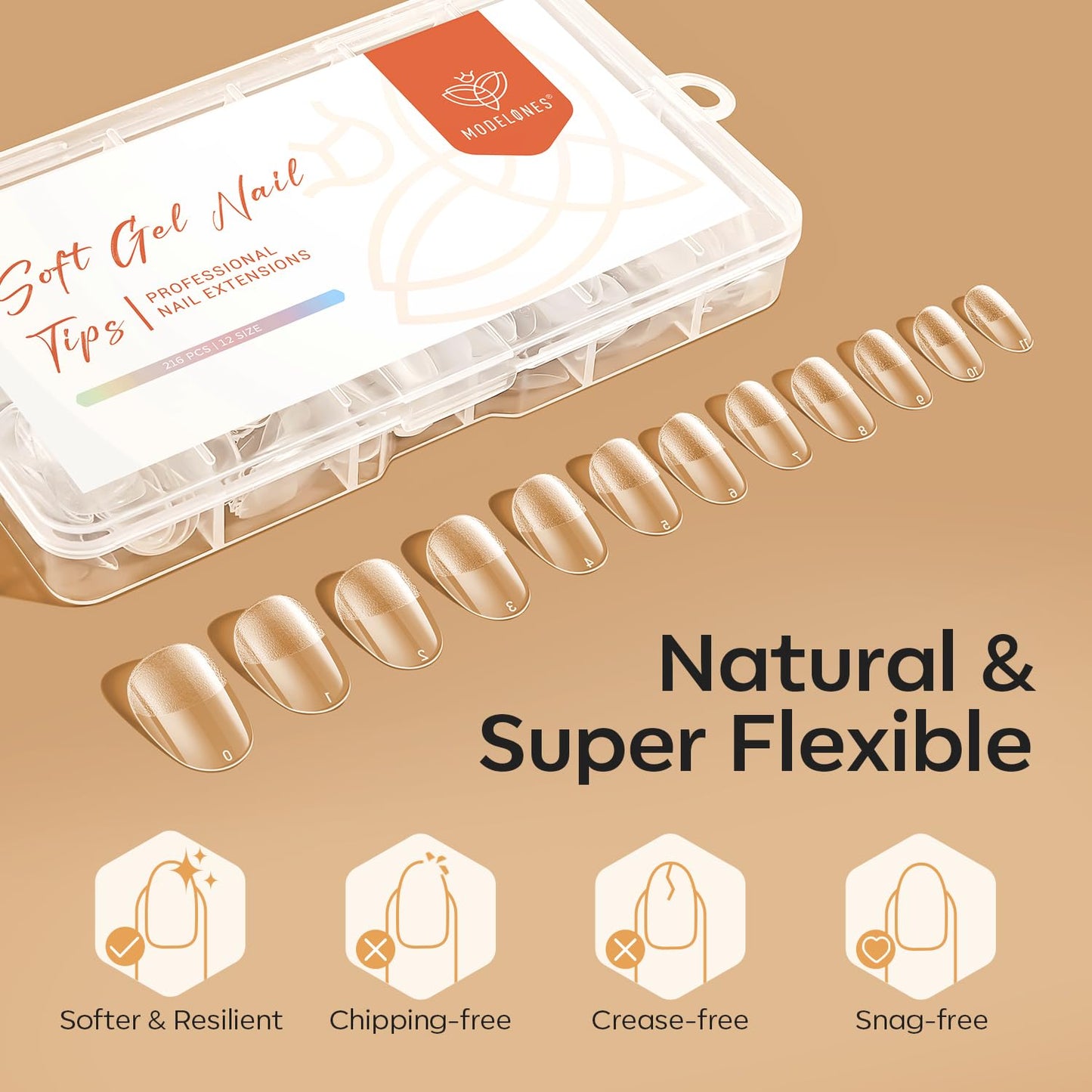 modelones Short Oval Nail Tips, Pre-shaped Soft Gel Tips Fake Nails False Acrylic Clear Full Cover Press on Extension Kit Gel Manicure DIY at Home 216PCS 12Sizes-BrightBean Baby
