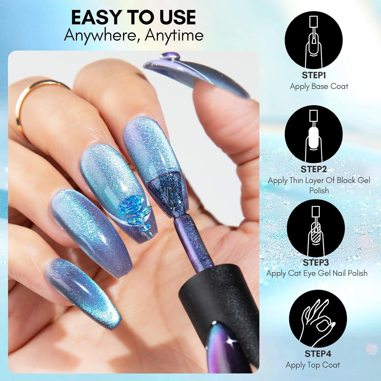 Makartt Blue Cat Eye Gel Nail Polish: Magnetic Glitter Gel Polish Soak-Off UV/LED with Aurora Effect, Long-Lasting Black Hole Shine, Comes with Magnet Stick Salon Home Nail Art 10ml-BrightBean Baby