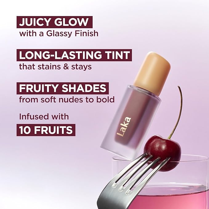 Laka Fruity Glam Tint, 4.5g/0.15 oz., Glowing Lip Stain with Wide Color Spectrum, Hydrating & Lightweight Texture, Long-Lasting Bold Stain, Non-Sticky, Vegan, K-Beauty (#123 Unsweet Berry)-BrightBean Baby
