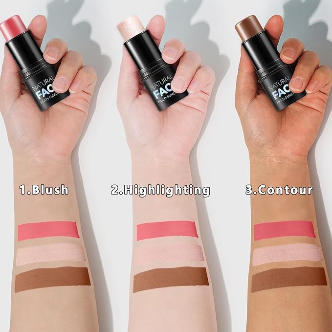 3Pcs Cream Contour Stick Makeup Kit, Shades with Highlighter Stick, Blush Stick and Bronzer Contour Stick for Sculpt the Cheeks, Long Lasting, Waterproof, Matte & Dewy Finish (LIGHT MEDIUM)-BrightBean Baby