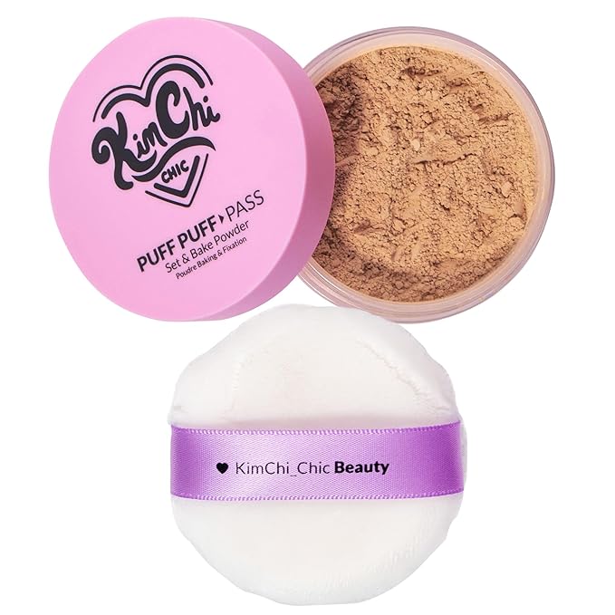 Kimchi Chic Beauty Puff Puff Pass Set and Bake Powder, Loose Face Powder with Extra Fluffy Setting Powder Puff, Soft Tan Face Makeup for Uneven Skin Tone, 05 Suntan-BrightBean Baby