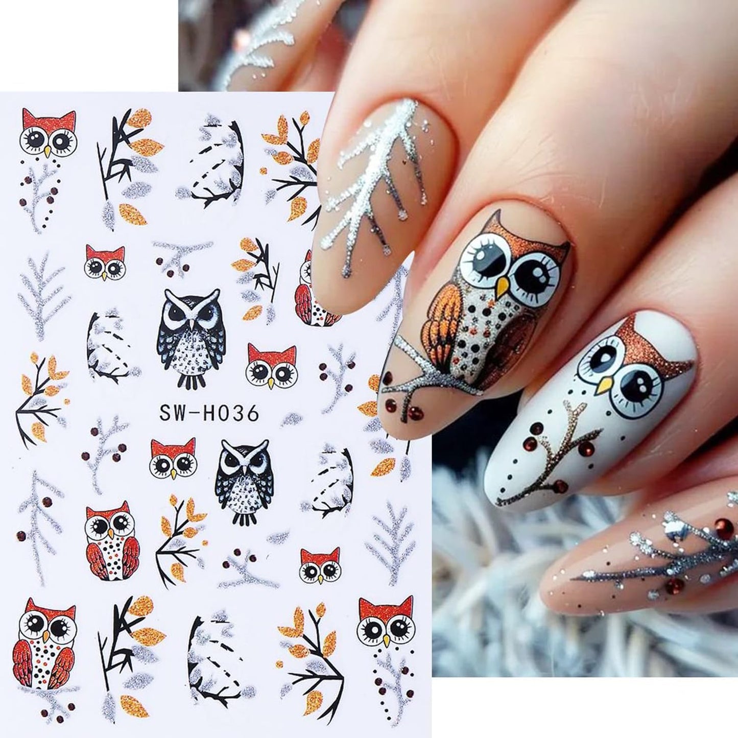 4pcs Christmas Nails Stickers Silver Glitter Leaves Line Owl Nail Art Design 3D Self-Adhesive Nail Decals Xmas Nail Sticker DIY Autumn Winter Manicure Art Supplies Decoration Accessories-BrightBean Baby