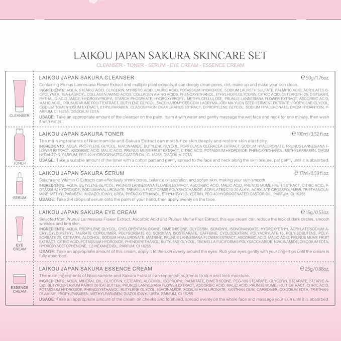 Skin Care Set JAPAN SAKURA Women Beauty Gift Sets Skin Care Kit with Cleanser, Toner, Serum, Eye Cream, Face Cream Travel Kit for Women Teen Girls Mom Daughter Birthday TSA-friendly Sizes 5pcs-BrightBean Baby