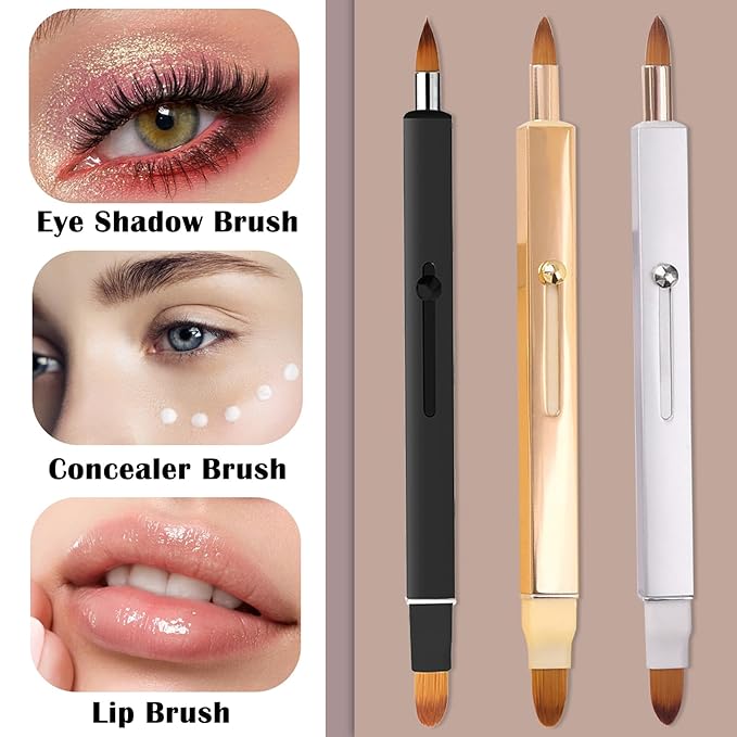 3 Pack Lip Brush for Lipstick Makeup Brushes Double-Ended Retractable Lip Brush with Cap Dustproof for Lipstick Gloss Creams Portable with Cap(Black + Gold + Silver)-BrightBean Baby