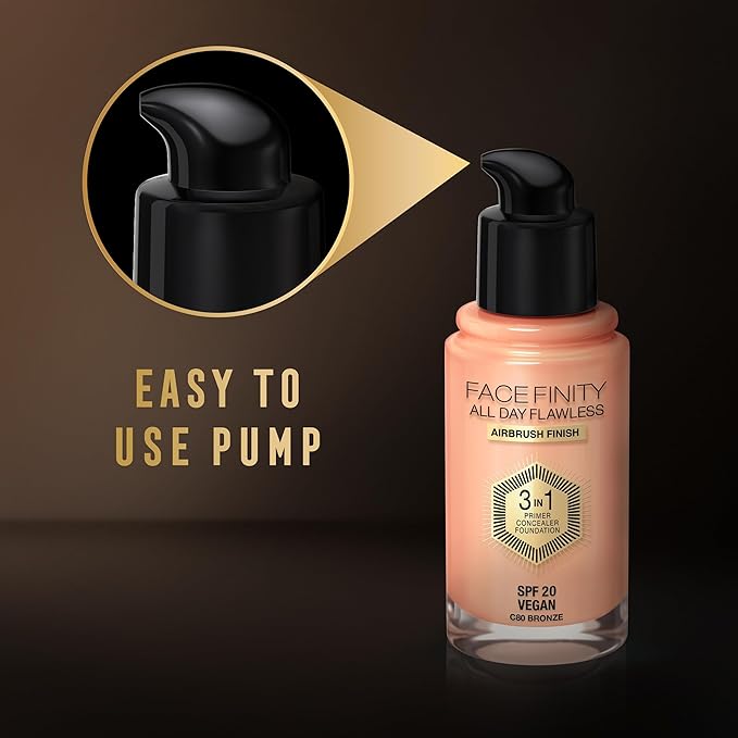 Max Factor Facefinity 3-in-1 All Day Flawless Liquid Foundation, SPF 20-62 Warm Beige, 30 ml-BrightBean Baby