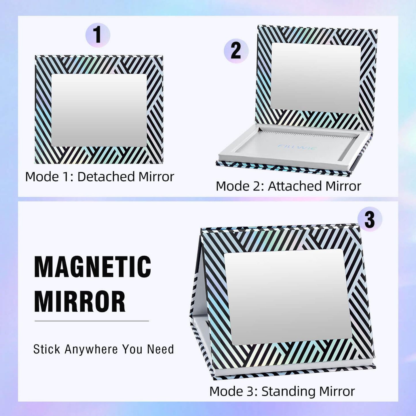 Empty Magnetic Makeup Palette with Mirror, Spatula, 20 Metal Stickers, Suitable for Eyeshadow Lipstick Blush Powder Highlighter and Contour, DIY Refillable, Holographic Stripes (Black, Medium)-BrightBean Baby