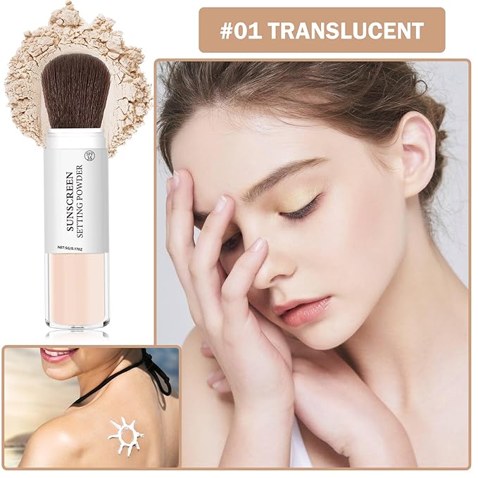 Mineral Sunscreen Setting Powder Mineral Brush Powder SPF 35 PA+++ Oil Control Matte Effect Lightweight Breathable Translucent Powder Setting Powder Sunscreen Makeup for Face with Brush-01 Translucent-BrightBean Baby