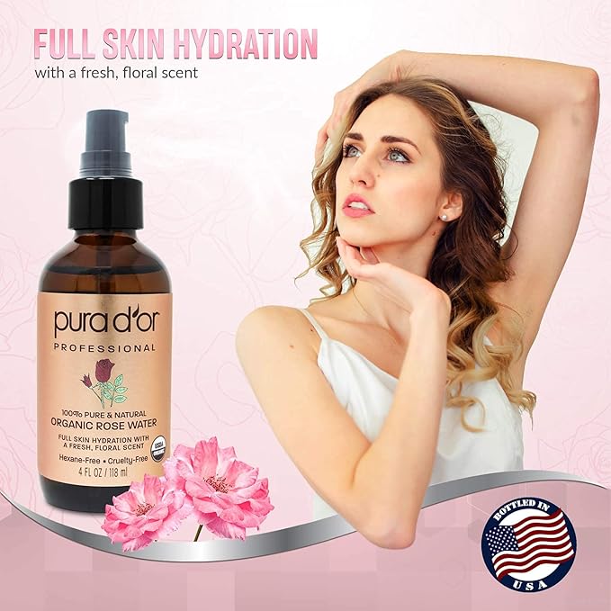PURA D'OR Organic Rose Water Toner (4oz / 118mL) Eau Fraiche, 100% Pure Full Skin Hydration, Control Excess Oils & Acne - Cleanses & Softens - Promotes Healthy Skin Cell - for All Skin Types-BrightBean Baby