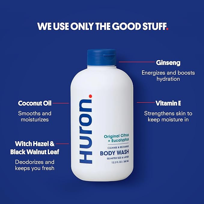 Huron Body Wash Scent Duo - Citrus + Eucalyptus & Sandalwood + Black Pepper Scents - Men’s Body Wash - Made With Coconut Oil, Vitamin E & Witch Hazel - Vegan, Cruelty-Free - 2 Pack, 12.2 fl oz-BrightBean Baby
