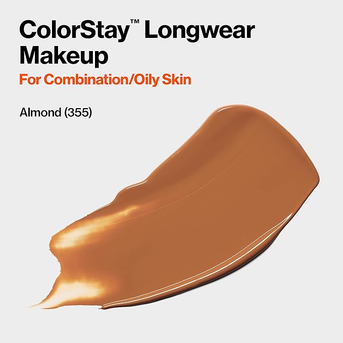 Revlon Liquid Foundation, ColorStay Face Makeup for Combination & Oily Skin, SPF 15, Medium-Full Coverage with Matte Finish, Almond (355), 1.0 oz-BrightBean Baby