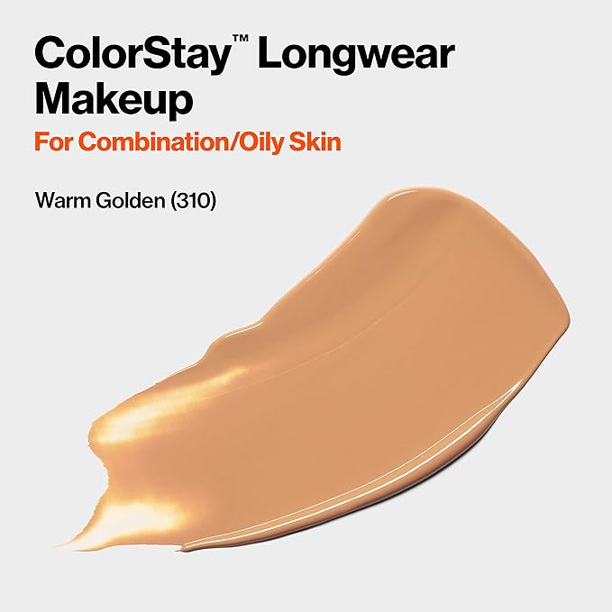 Revlon Liquid Foundation, ColorStay Face Makeup for Combination & Oily Skin, SPF 15, Longwear Medium-Full Coverage with Matte Finish, Warm Golden (310), 1.0 Oz-BrightBean Baby