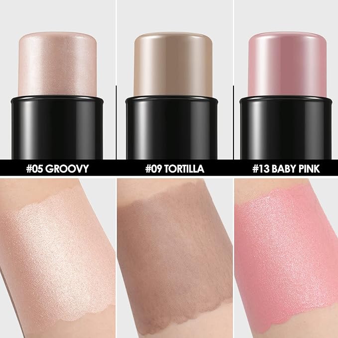 FOCALLURE 3 Pcs Cream Contour Sticks,Shades with Highlighter & Bronzer & Blush,Non-greasy Long-wear Face Contouring Pen,Easy to Sculpt the Face and Create a Lightweight Finishing Makeup,FAIR-BrightBean Baby