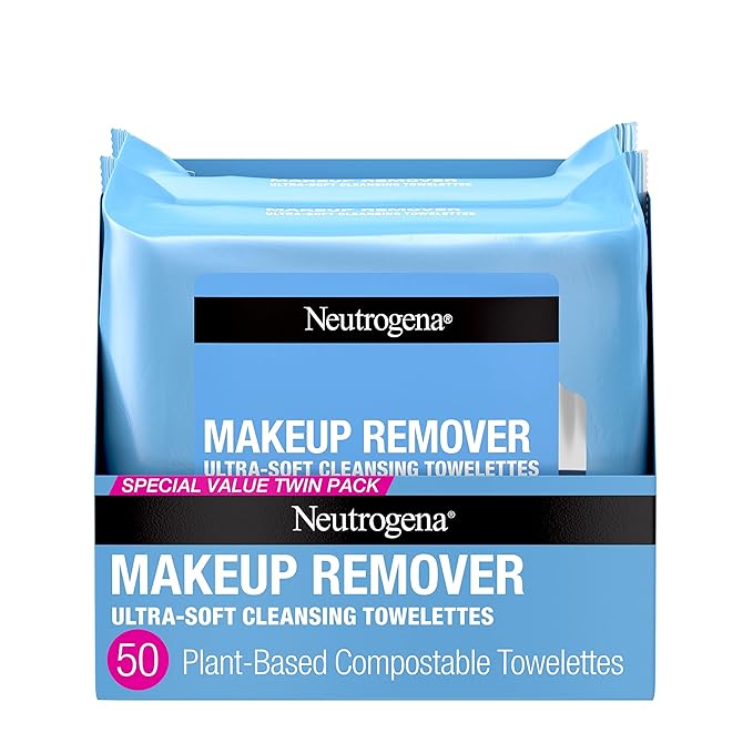 Neutrogena Makeup Remover Wipes, Ultra-Soft Cleansing Facial Towelettes for Waterproof Makeup, Alcohol-Free, Plant-Based, Twin Pack, 25 Count (Pack of 2)-BrightBean Baby