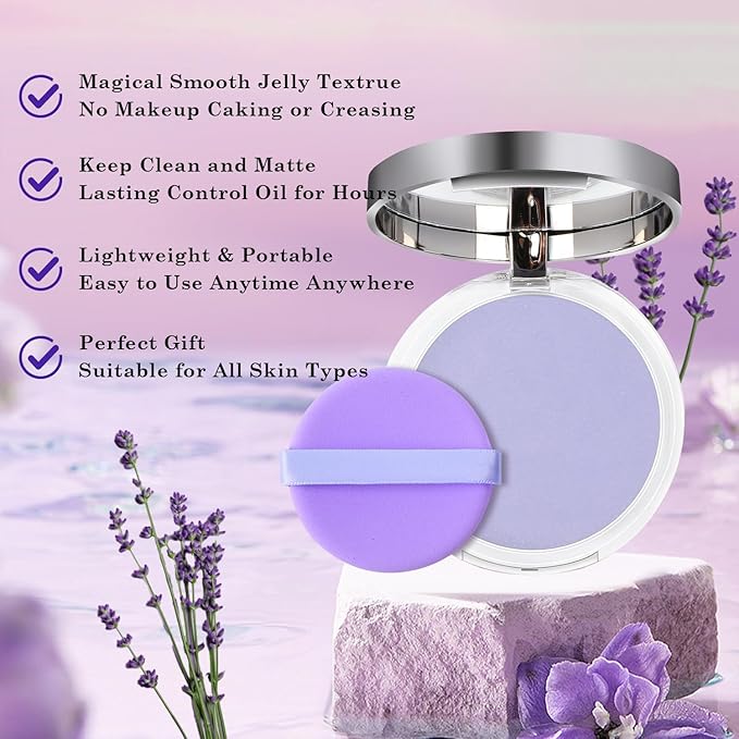 Chillab Lavender Matte Powder, Oil Control Face Pressed Chillab Lavender Matte Powder with Mini Powder Puff, Jelly Pressed Setting Powder Face Makeup, Cruelty Free-BrightBean Baby