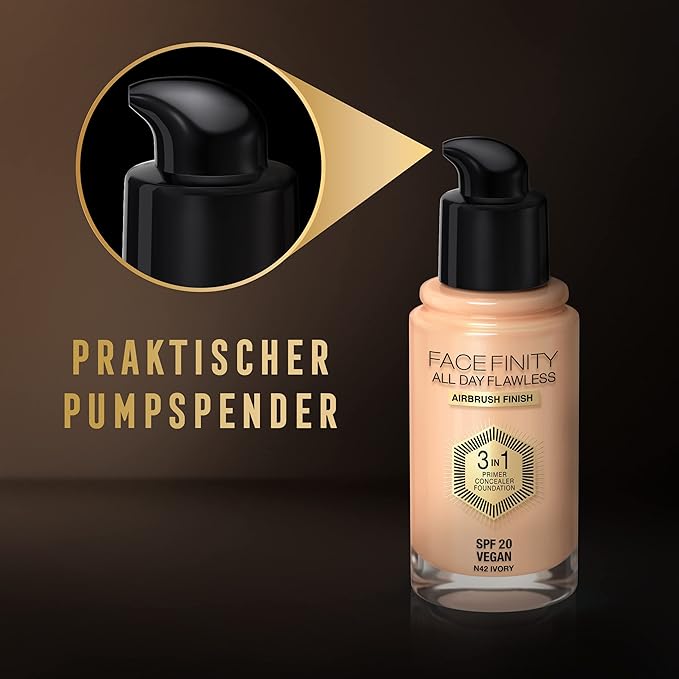 Max Factor Facefinity 3-in-1 All Day Flawless Liquid Foundation, SPF 20-42 Ivory, 30 ml-BrightBean Baby