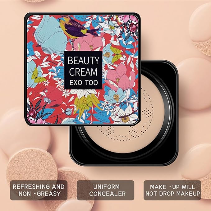 Beauty Cream EXO TOO Foundation, Beauty Cream Makeup Base, Moisturizing, Long Lasting Matte Air Cushion CC Cream Concealer with Two Mushroom Head Sponges-BrightBean Baby