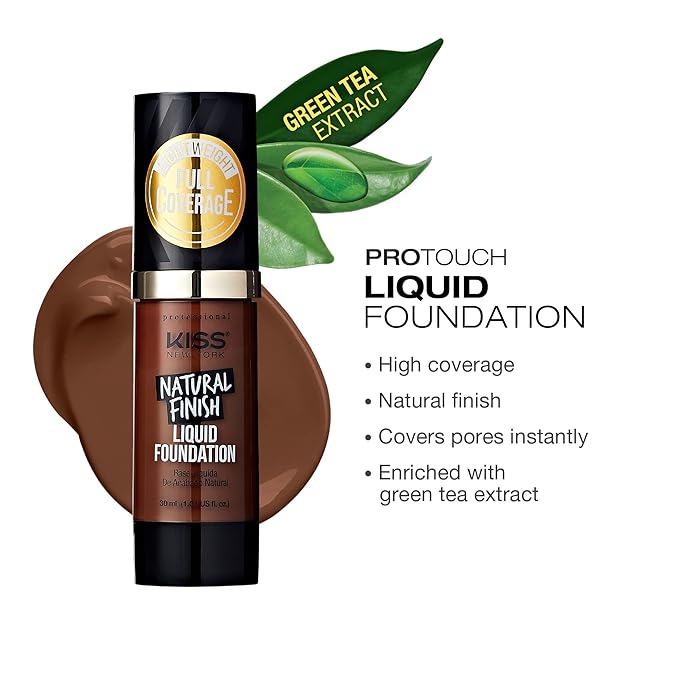 Kiss New York Professional Liquid Foundation - Lightweight and Hydrating Formula, Natural Finish, Control Shine, Cover Pores, Medium to Full Coverage, Green Tea Extract (Cognac)-BrightBean Baby