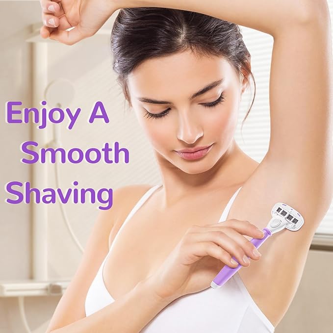 DreamGenius Razors for Women Include 2 Non-Slip Handles and 14 Blade Refills with a Shower Holder, 5 Premium Blades Women's Razors for Shaving with 360° Lubrication Reduces Irritation, Purple