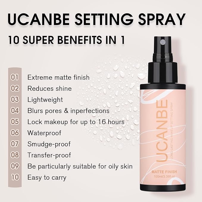 Long Lasting Makeup Setting Spray Kit - 3.38 Fl oz Super Matte Finish Setting Mist Lightweight Face Make up Fixer for Oily Skin + 1PC Sponge Puff + 1PC Powder Puff-BrightBean Baby