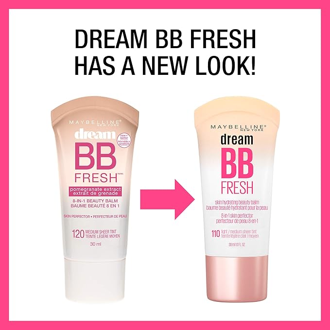 Maybelline Dream Fresh Skin Hydrating BB cream, 8-in-1 Skin Perfecting Beauty Balm with Broad Spectrum SPF 30, Sheer Tint Coverage, Oil-Free, Medium/Deep, 1 Fl Oz-BrightBean Baby