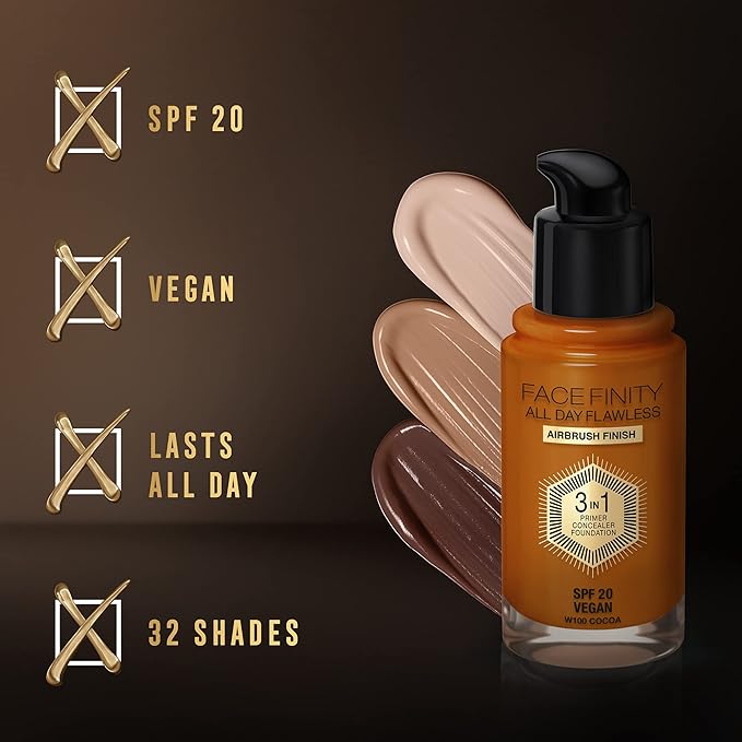 Max Factor Facefinity All Day Flawless 3 In 1 Foundation SPF 20, No. 100 Sun Tan-BrightBean Baby