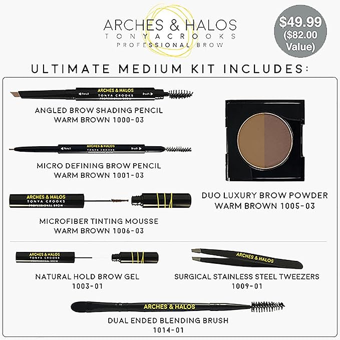 Arches & Halos - Ultimate Brow Hero Kit - Eyebrow Styling Makeup Kit, Pencil, Gel, Shading, Powder, Mousse, Natural and Bold Precise Brow Shaper - Hypoallergenic, Vegan - 7 Pc Kit, Medium-BrightBean Baby