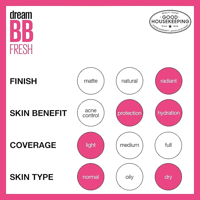 Maybelline Dream Fresh Skin Hydrating BB cream, 8-in-1 Skin Perfecting Beauty Balm with Broad Spectrum SPF 30, Sheer Tint Coverage, Oil-Free, Light/Medium, 1 Fl Oz-BrightBean Baby