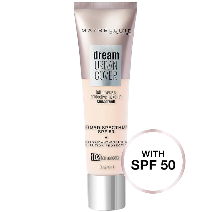 Maybelline Dream Urban Cover Flawless Coverage Foundation Makeup, SPF 50, Fair Porcelain-BrightBean Baby