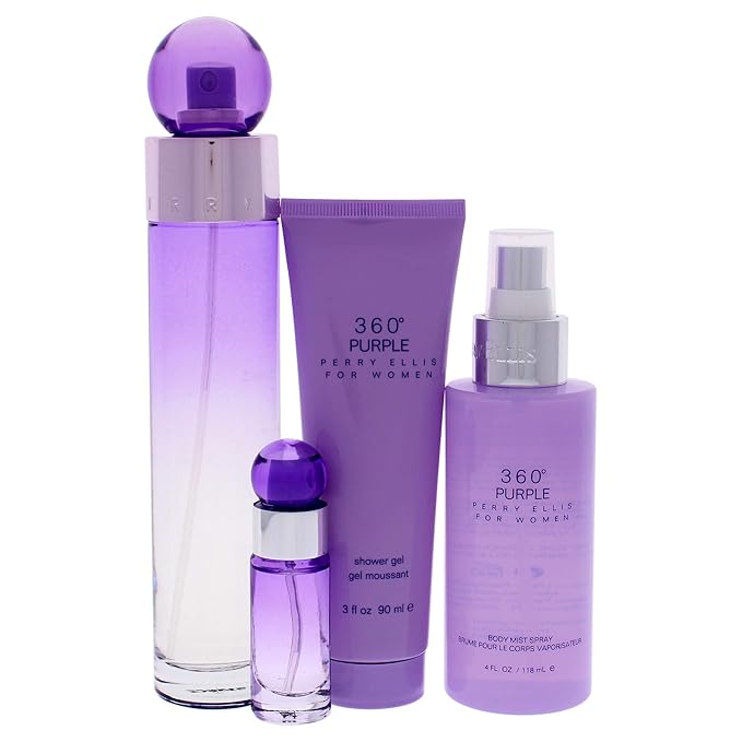 Perry Ellis 360 Purple Women 3.4oz EDP Spray, 7.5ml EDP Mini Spray, 4oz Body Mist, 3oz Shower Gel 4 Pc Gift Set-BrightBean Baby
