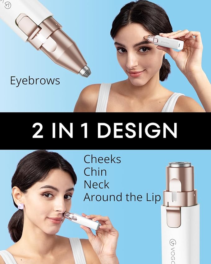 VOGCREST Hair Trimmer, 2 in 1 Facial Hair Remover & Eyebrow Trimmer for Women - Rechargeable, Portable, LED Light (White)