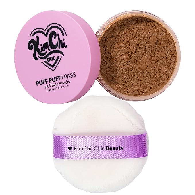 Kimchi Chic Beauty Puff Puff Pass Set and Bake Powder, Loose Face Powder with Extra Fluffy Setting Powder Puff, Soft Brown Face Makeup for Uneven Skin Tone, 06 Almond-BrightBean Baby
