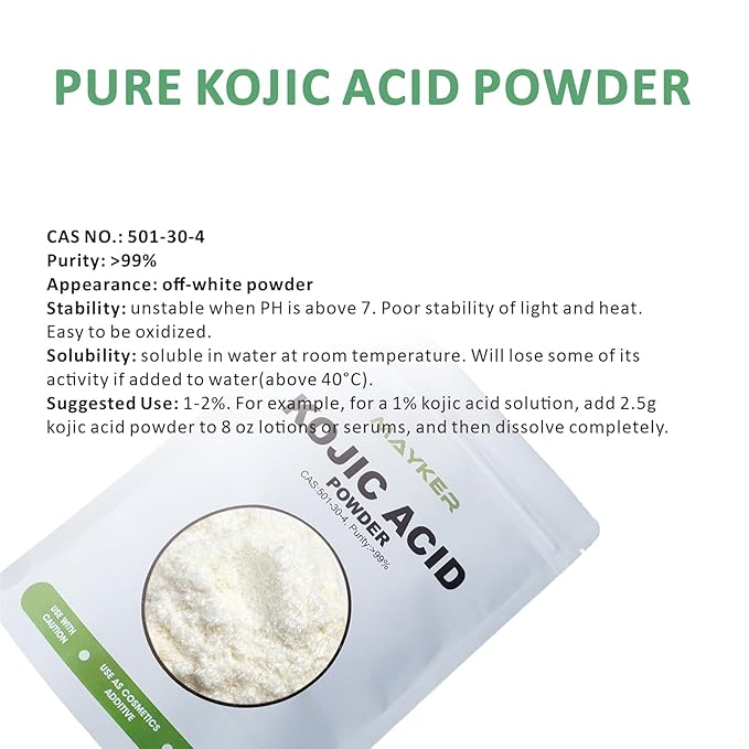 MAYKER Pure Kojic Acid Powder 2.1oz (60gram), Skin Whitening Lightening, Natural and Organic, High Purity 99.9%, Diminishes the Appearance of Dark Spots, Freckles & Scars, for DIY Soaps, Creams-BrightBean Baby