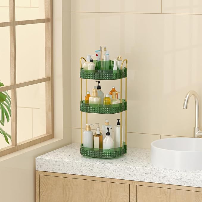 Rotating Makeup Organizer for Vanity 3 Tier, Perfume Organizer with Makeup Brush Holder, Large Capacity Cosmetics Clear Skincare Organizer for Countertop (Green)-BrightBean Baby