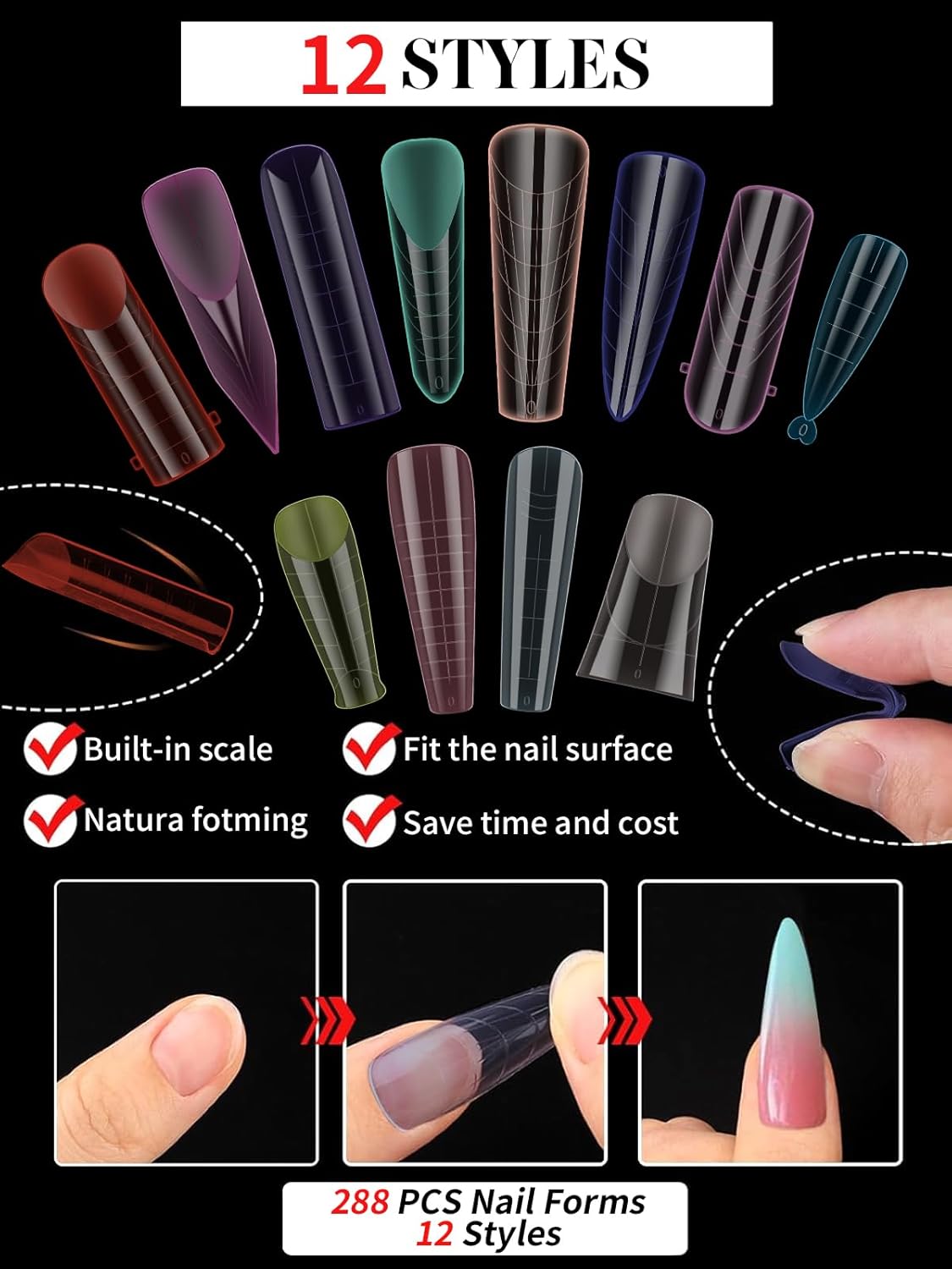 EBANKU Dual Forms for Poly Nail Gel, 288PCS 12 Colors Dual Nail Forms Extension Molds Stiletto Coffin Square Acrylic Nail Tips 12 Shapes for Builder Gel Manicure Nail Art Design Salon DIY at Home-BrightBean Baby